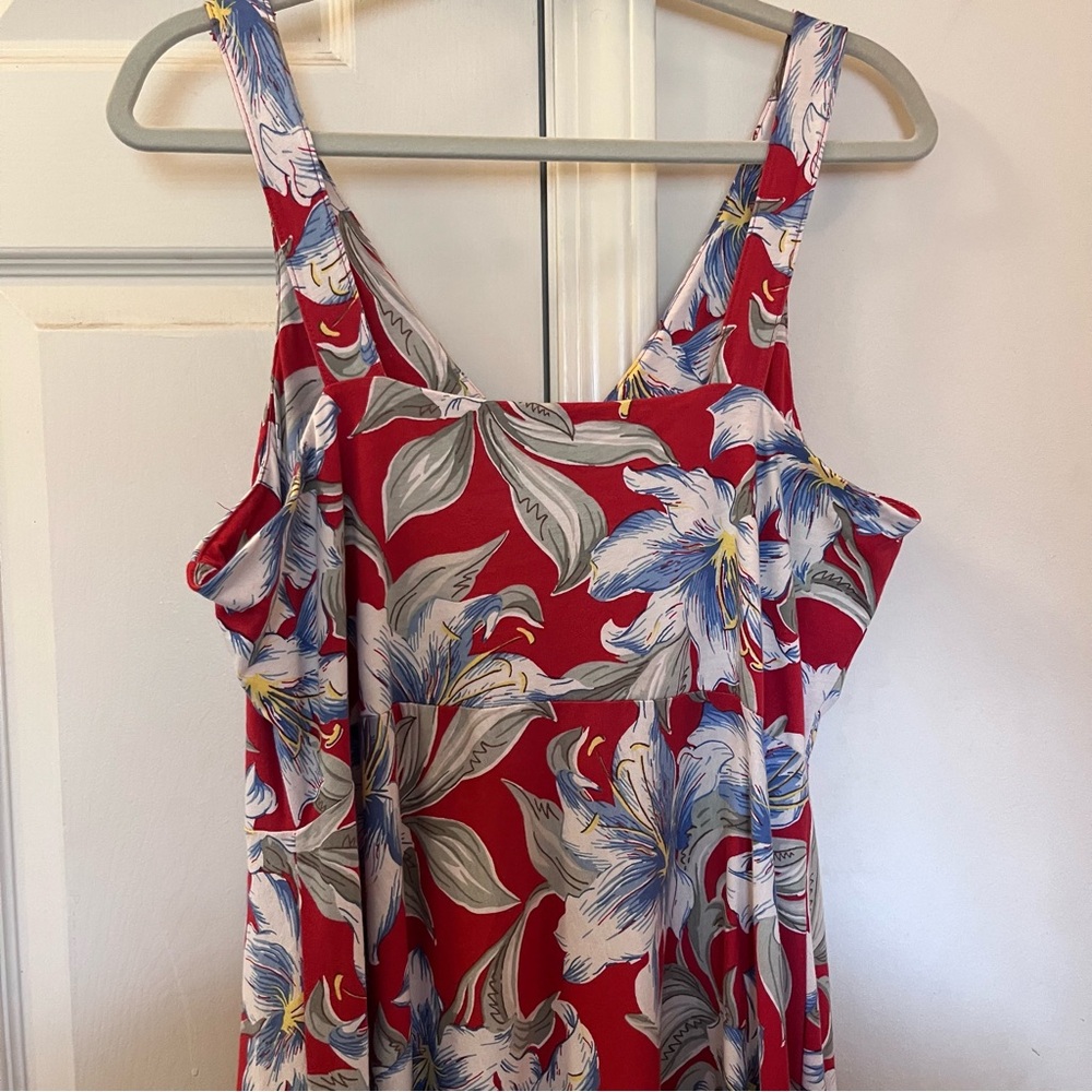 Chaps Red Floral NWT Cotton Knit Long Dress XL with Blue & Cream - Picture 4 of 5